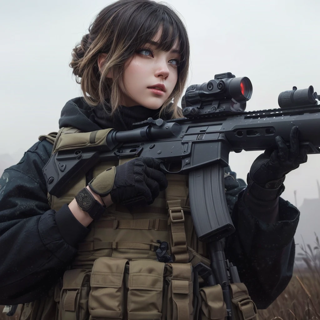 arafed woman with a gun and a rifle in a field, cinematic —ar 16:9, m4 sopmod ii girls frontline, artwork in the style of guweiz, with rifle, heavily armed, postapocalyptic vibes, infantry girl, soldier girl, guweiz, of a sniper girl in war, military girl, holding rifle
