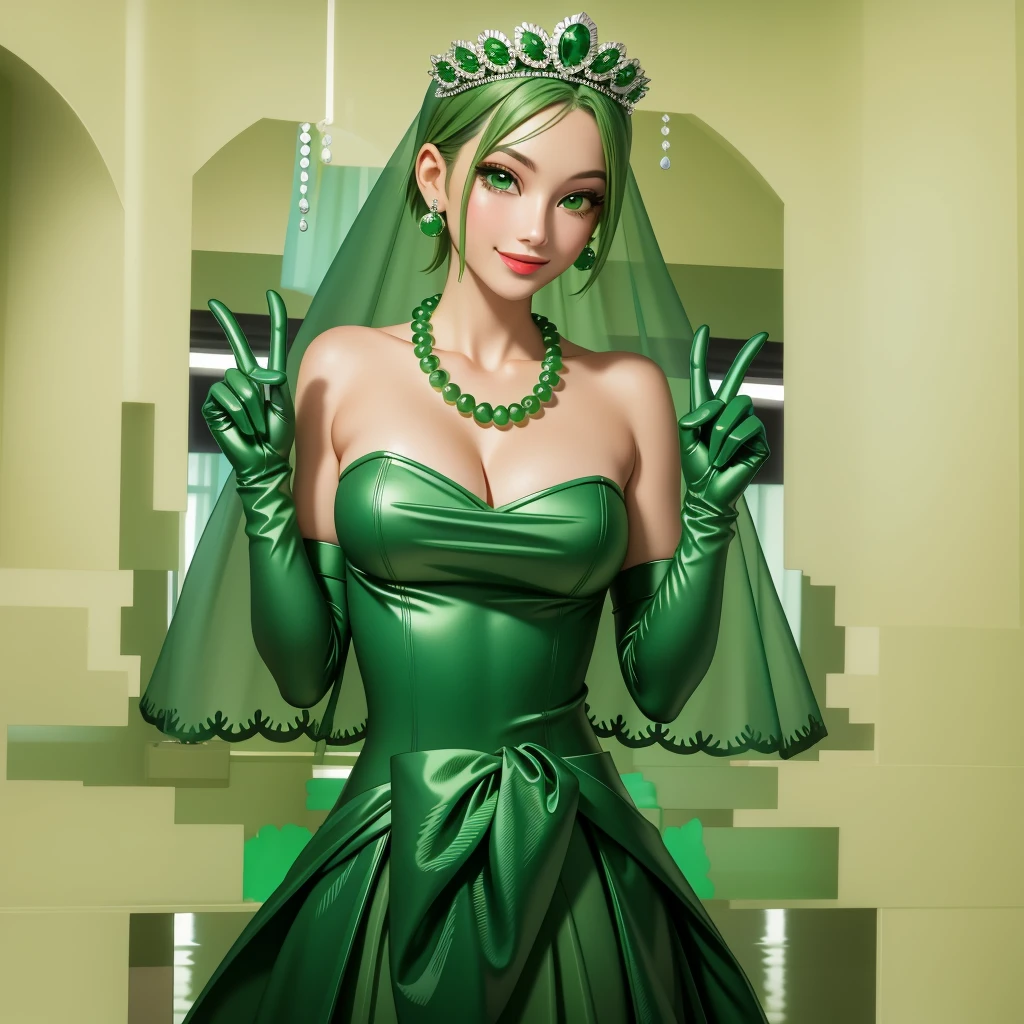 Emerald tiara, Green Pearl Necklace, ボーイッシュな非常に短いGreen Hair, Green Lips, Smiling Japanese woman, Very short hair, Busty beautiful lady, Green Eyes, Green satin long gloves, Green Eyes, Emerald Earrings, Green veil, Vsain, Green Hair, Beautiful Japanese Women, green lip gloss