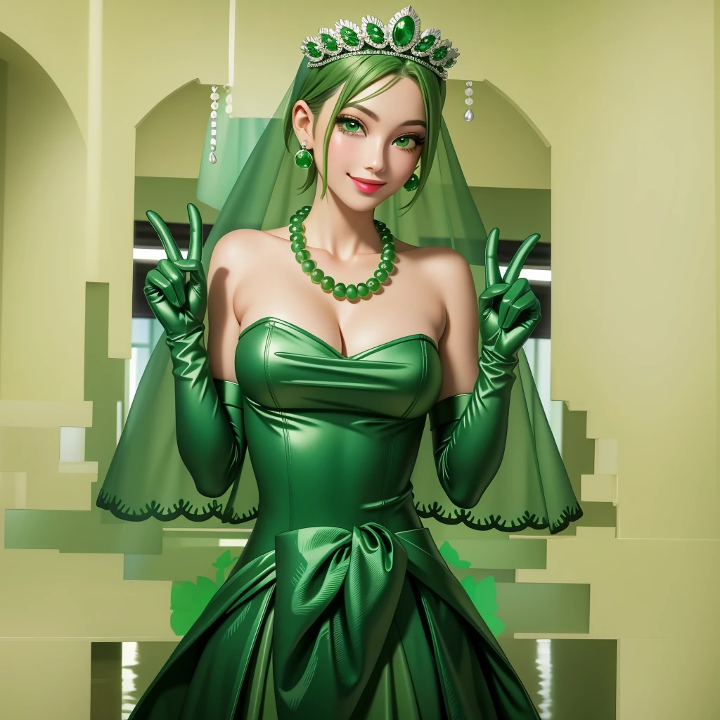 Emerald tiara, Green Pearl Necklace, ボーイッシュな非常に短いGreen Hair, Green Lips, Smiling Japanese woman, Very short hair, Busty beautiful lady, Green Eyes, Green satin long gloves, Green Eyes, Emerald Earrings, Green veil, Vsain, Green Hair, Beautiful Japanese Women, green lip gloss