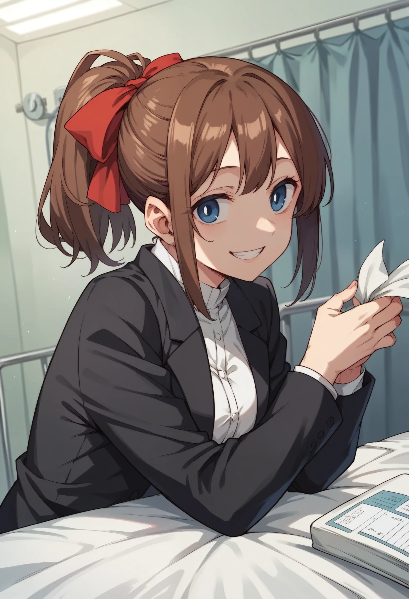 Korarī Nakamura is a girl, ponytail brown hair, blue eyes, wearing black suit and a red ribbon, big black coat, smiling, hospital in the background