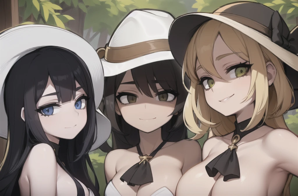 three sexy women who are wives of 4  boy, looking at camera, seductive smiles, portrait, various hair, sunhats