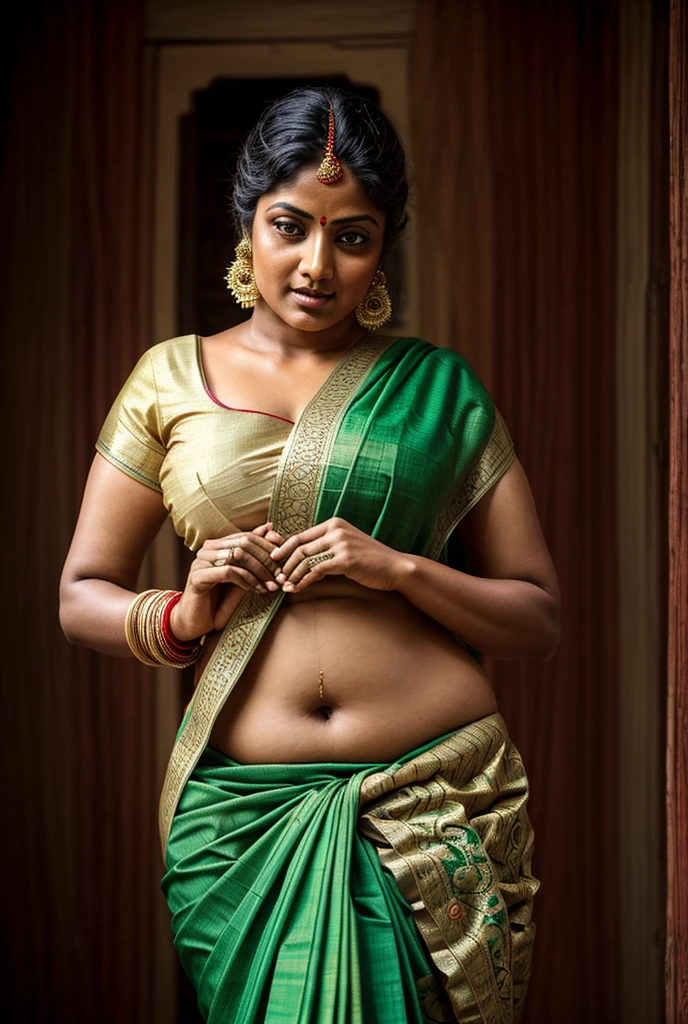 An Extremely gorgeous and beautiful Bengali village woman, stunning beauty, 45 yo, pale white skin, sensual appealing body, perfect thick and chubby Beauty, wearing saree bare-chested, curvy, sexy navel folds, fleshy figure, Bengali village style saree, wearing a Bengali-style saree without a blouse,, ethnic vintage bengali village woman, bengali style saree, The sari was worn without a blouse and petticoat before the British Raj, baring one's chest or being blouseless, simple village ornaments, Bengalis a.k.a. Bongs are known for their unique Bengali fashion sense (the way they don that sari makes you go wow), Pre British Raj, Pre colonial era, Bengali Woman draping sari without blouse is a normal thing in pre British Era, bong woman, fine Art photography, artistic photography, sensually appealing, insane details, ethnic traditional beauty, 