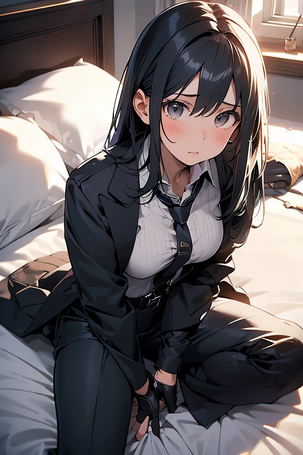 Spender Moderate breasts Small face holster Beautiful woman Lying in bed Looking up Sweat belt summer 脇Sweat Black Hole Gloves suit shirt Black jacket Black trousers Leg Links ズボンにbelt No bra