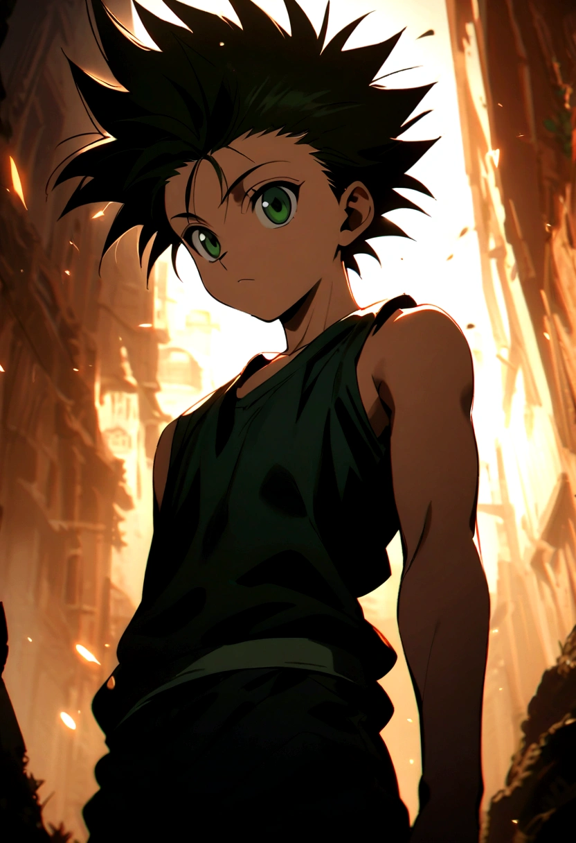 boy with black messy hair with shaved sides and green eyes wearing a black sleeveless shirt in hunter x hunter manga style
