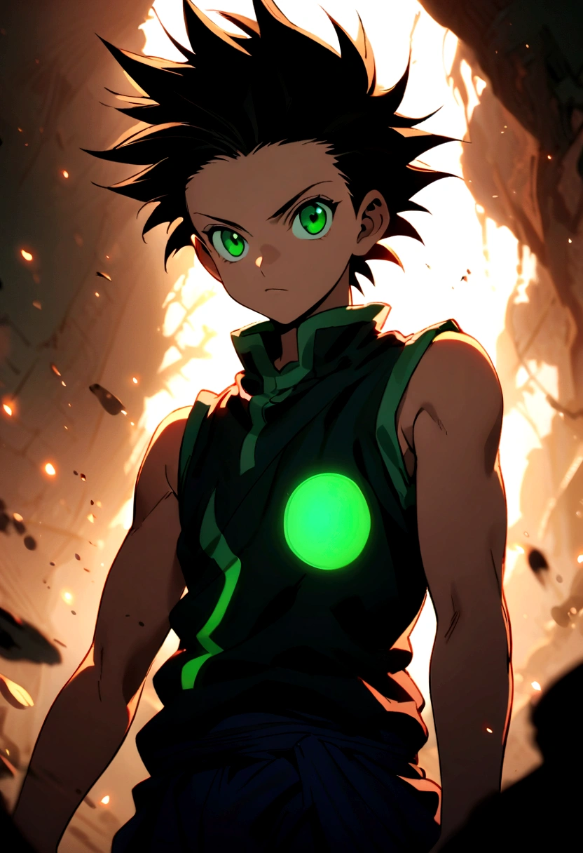 14 year old boy with black messy hair with shaved sides and green eyes wearing a black sleeveless shirt in hunter x hunter manga style