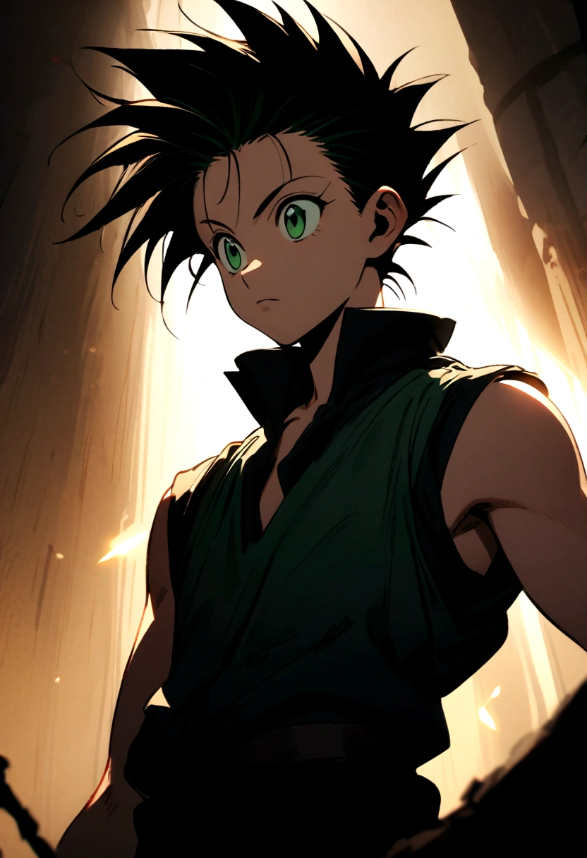 14 year old boy with black messy hair with shaved sides and green eyes wearing a black sleeveless shirt in hunter x hunter manga style