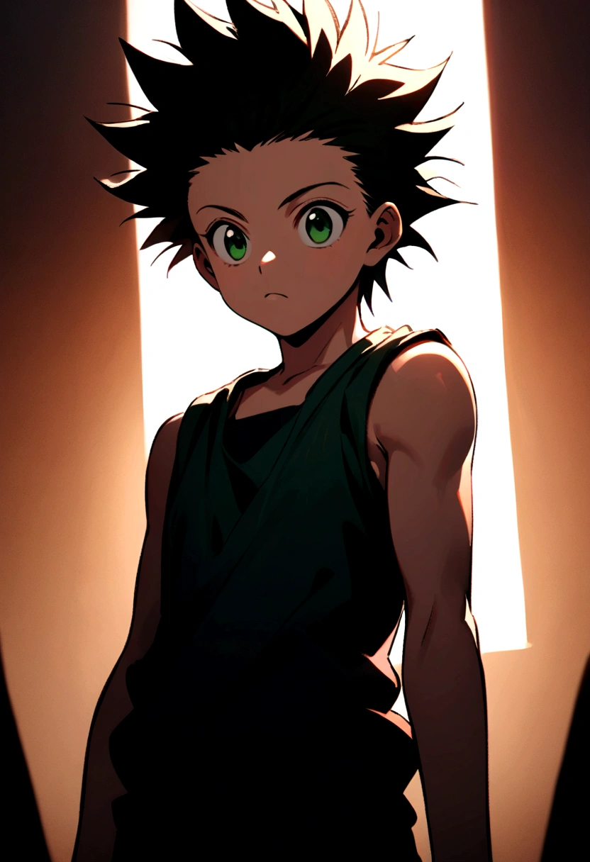 14 year old boy with black messy hair with shaved sides and green eyes wearing a black sleeveless shirt in hunter x hunter manga style