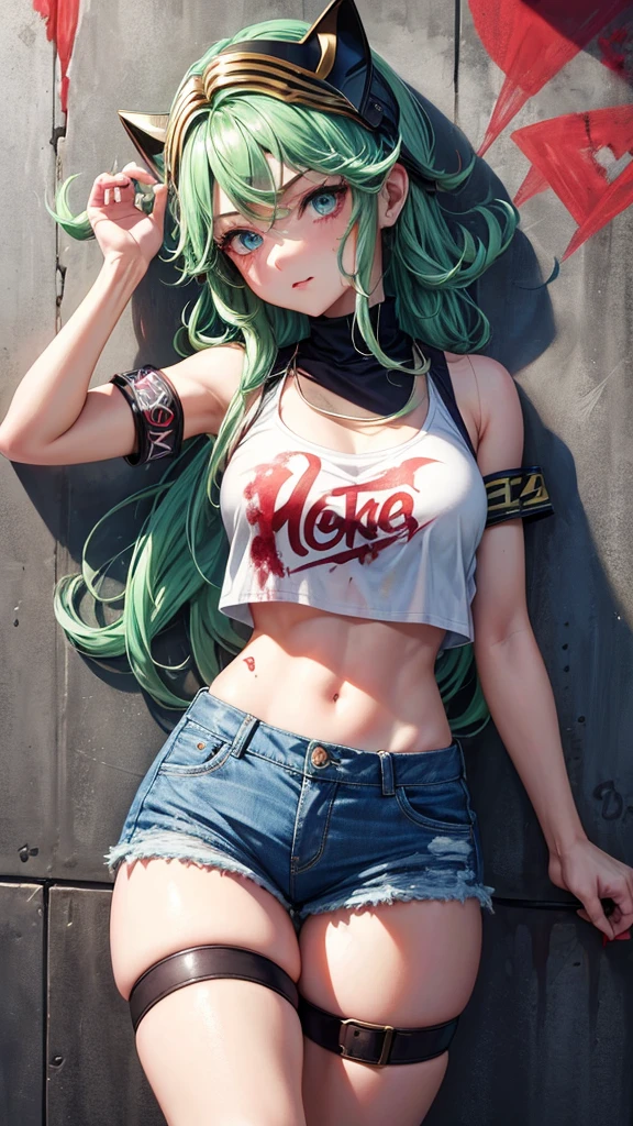 ultra detailed image representing a girl with blood splatters all over her body, she licks an ice cream with one hand, holds a bloody knife in the other hand, she wears a low-cut crop top highlighting her strong chest, denim shorts , headscarf, she is leaning against a wall with colorful graffiti, she looks at the viewer with a sadistic look, armband, thigh strap, head tilt, bored, Multi-colored hair, aqua eyes, Helmet, Tatsumaki,