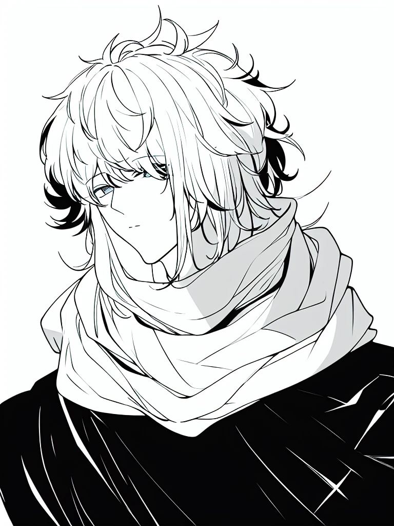 medium lenght white fluffy messy hair, boy, black and white, staring at viewer, messy clothing, male, broken rag scarf