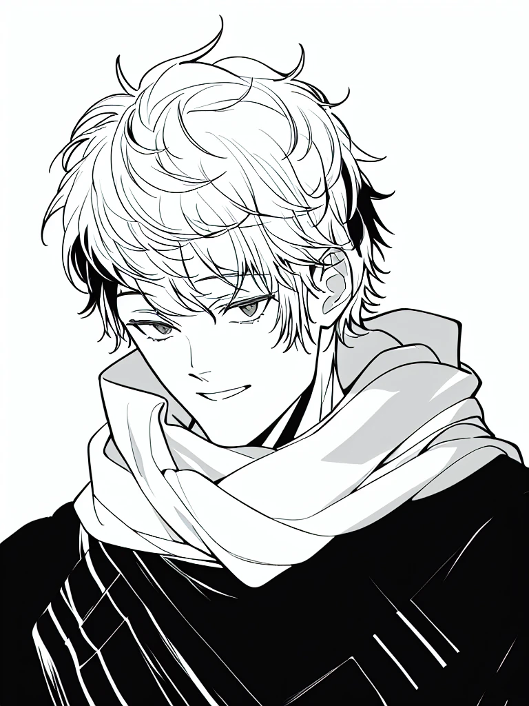 medium lenght white fluffy messy hair, boy, black and white, staring at viewer, messy clothing, male, broken rag scarf