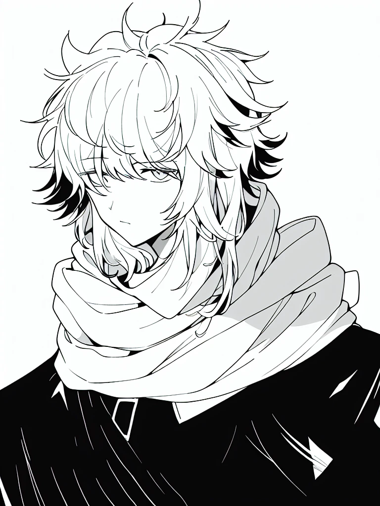 medium lenght white fluffy messy hair, boy, black and white, staring at viewer, messy clothing, male, broken rag scarf