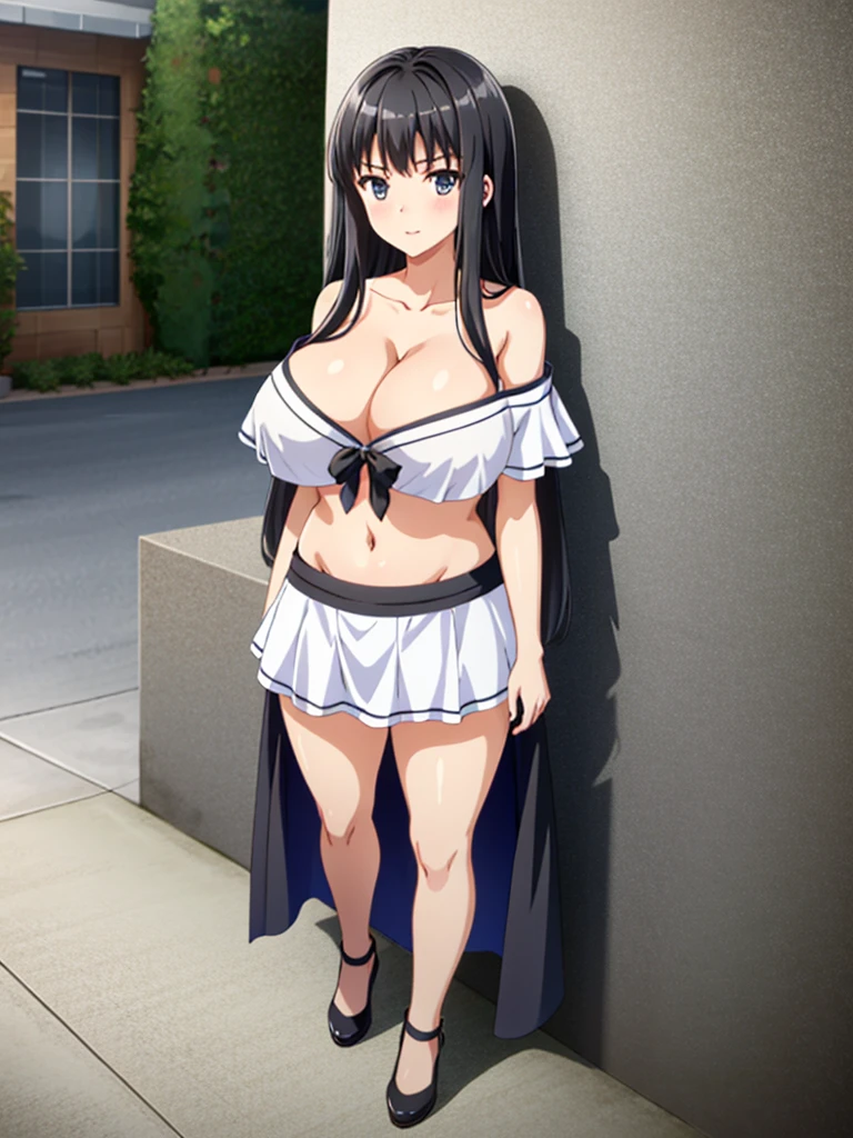 1girl,Black hair,huge breasts, beautiful face:1.3,butt hole,navel, cleavage ,bellybutton,off the shoulder:1.8,body facing front,full body shot,standing,skirts up,standing straight , looking front,hand on breasts