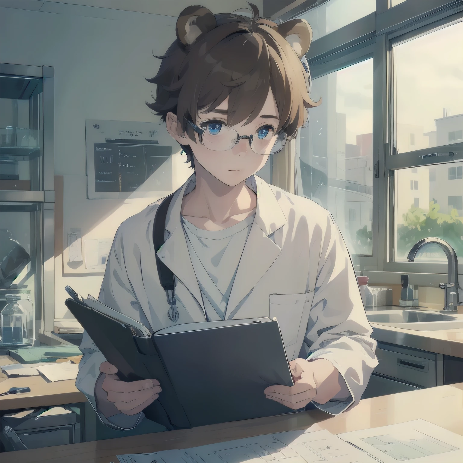 (masterpiece), 1boy, solo, solo male, best quality, expressive eyes, perfect face, sketch style, (sfw), best quality, kemonomimi, bear ears, animal ears, brown hair, short hair, messy_hair, blue eyes BREAK freckles, (little boy, young boy), interior, laboratory, scientist, lab coat, sitting, swivel chair, clipboard, holding clipboard, glasses