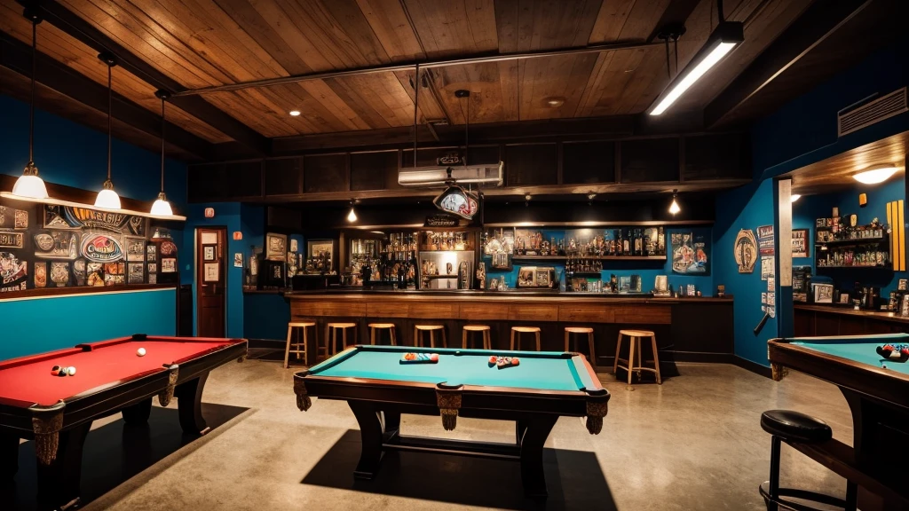 motoboy bar from a small city, bar pov, there is a dart arrow on the ceiling, a pool table, rock n roll references in the decoration. wide view, no people, ultrarealistic