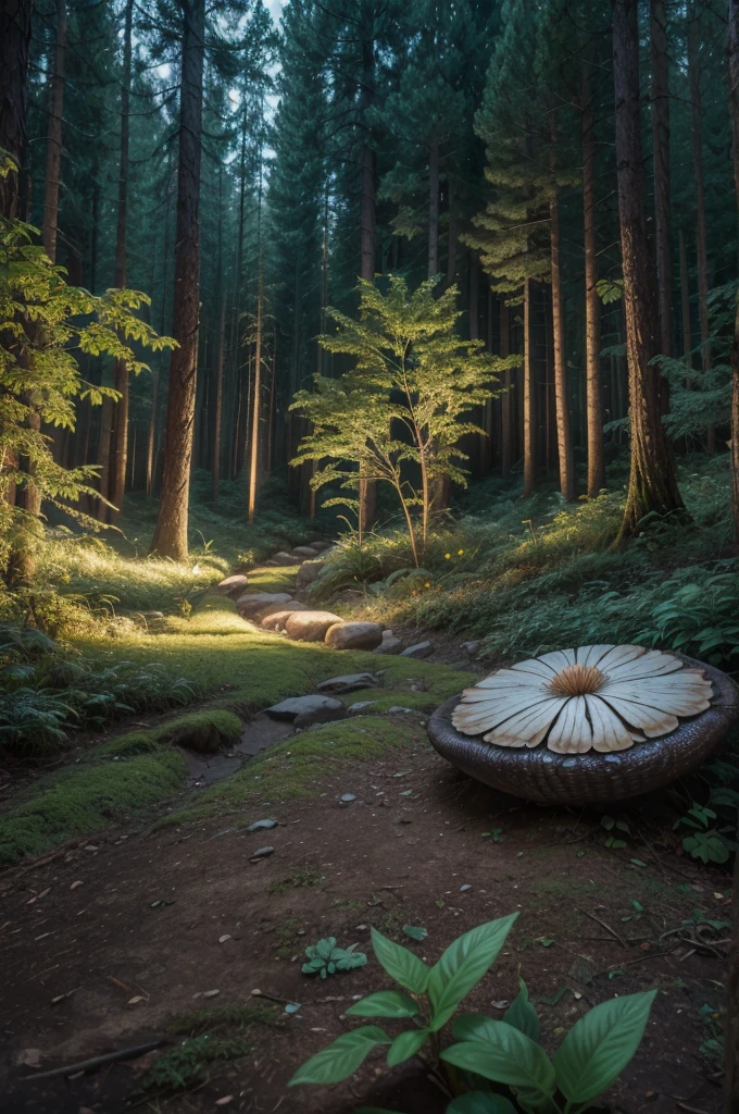 Panoramic image of a beautiful futuristic forest, with plants that have their own light, many colors and have a depth where you can see mountains and a beautiful sunset between the forest trees, mushrooms everywhere, a snake wrapped around a branch of tree.. Ayauasca, very colors, lights, forest futurism, florest avatar film, depth of field, cinematic lighting, motion blur, glowing light, UHD, high quality, best quality, highres, 8k, highres