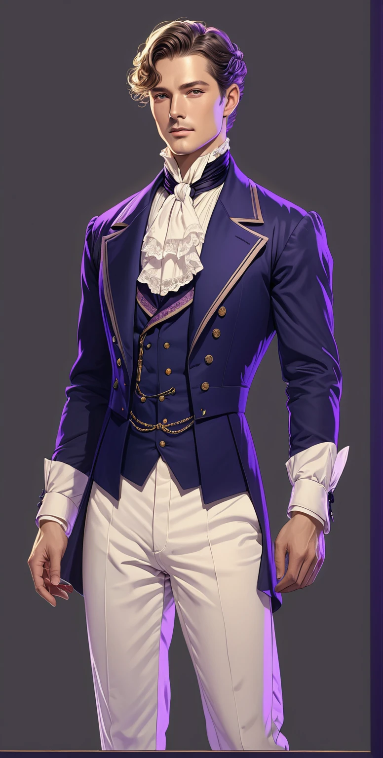 beautiful illustration, ultra-detailed, masterpiece, victorian style, confident pose, violet backlight, male man