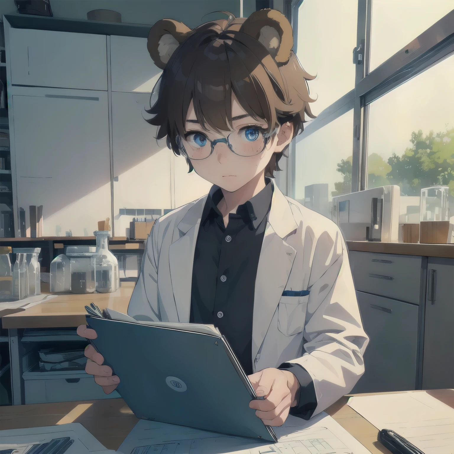 (masterpiece), 1boy, solo, solo male, best quality, expressive eyes, perfect face, sketch style, (sfw), best quality, kemonomimi, bear ears, animal ears, brown hair, short hair, messy_hair, blue eyes BREAK freckles, (little boy, young boy), interior, laboratory, scientist, lab coat, sitting, swivel chair, clipboard, holding clipboard, glasses