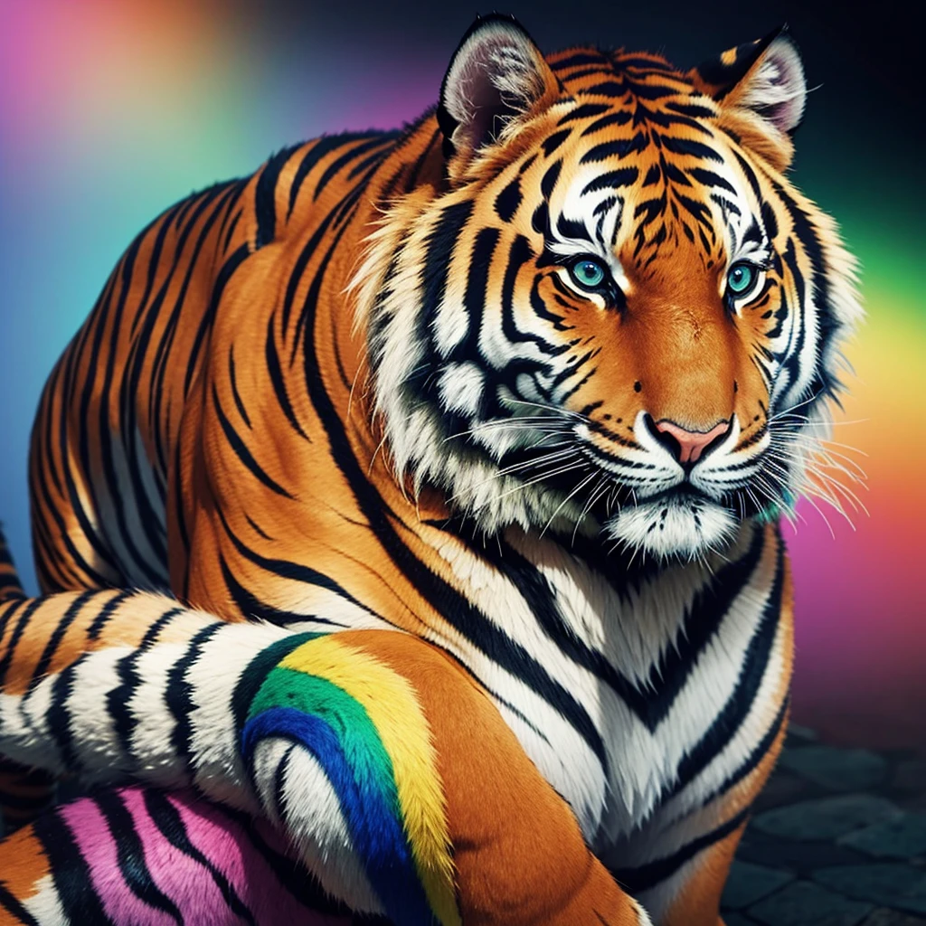 A normal tiger with colorful rainbow fur