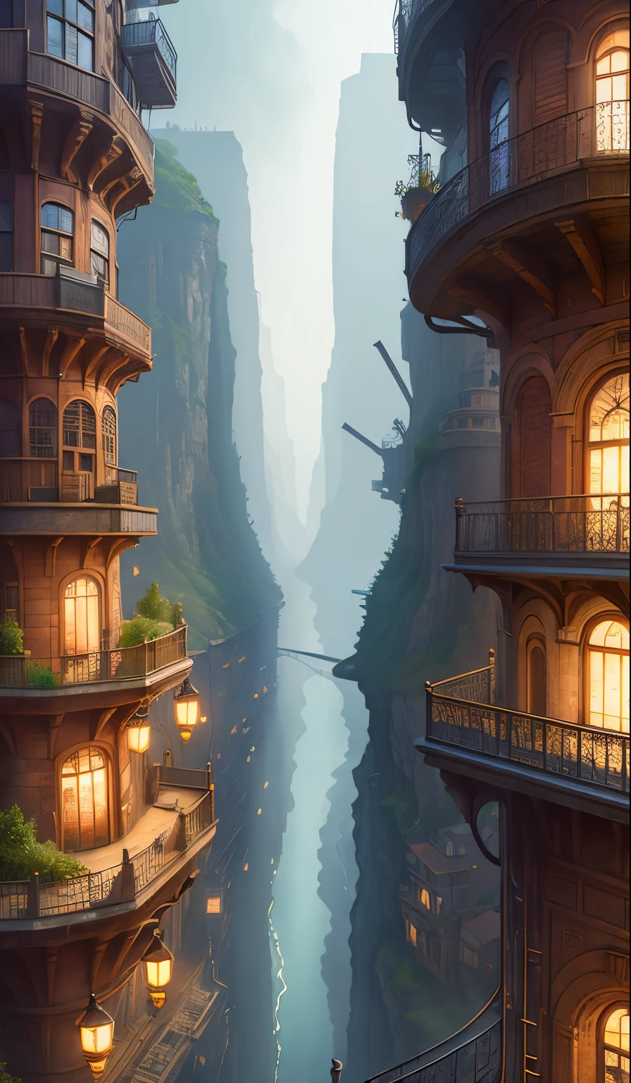 ((masterpiece)),((Highest quality)),((Attention to detail)),((Realistic,))
Industrial City, There is a deep canyon in the middle, Architecture Street, Bazaar, bridge, Wet day, steampunk, European architecture