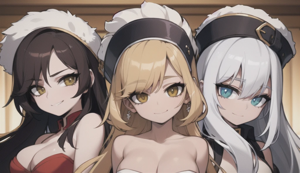 5 Goblin Girls, Harlem-style clothing, fundoshi, White clothing, green skin, black horns, White hair, Different hair lengths, cleavage, Sexy, Multiple Women, Luxurious red room behind them