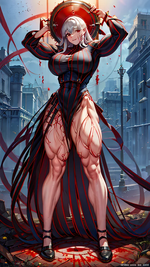 ((bloodstains)), ((respingos de bloodstains)), ((bloodstains nas roupas)), ((mancha de bloodstains)), hospital, (nurse uniform), (has an electric saw), (zombie's), absurderes, foto RAW, extremely delicate and beautiful, Masterpiece artwork, muscular woman, extremamente musculosa extremely large physique, extremely muscular legs, extremely muscular arms, extremely large physique, very muscular,best qualityer, ultra-high resolution, 32k, hyper realist, ultra-detailed, Detailed Description, skin fair, 20 year, crying mole, 耳环, Colossal, short medium hair, wavyhair, evil smile, full body shot,