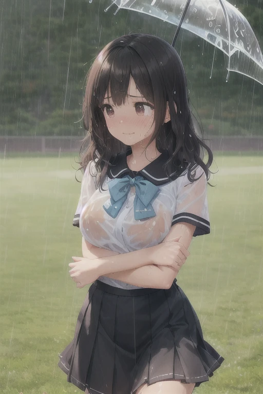 School Ground, , short sleeves, Skirt,
Field,
GOOD visible through clothes,
GOOD, Transparent, wet,
wavy mouth,
(run:1.2), arms on head,
looking away, Looking to the future, looking away,
(Masterpiece, Best Quality, ultra detailed),
black fur, big breasts,
Beautiful face, kawaii, small face,
(rain),
1 girl, Alone,