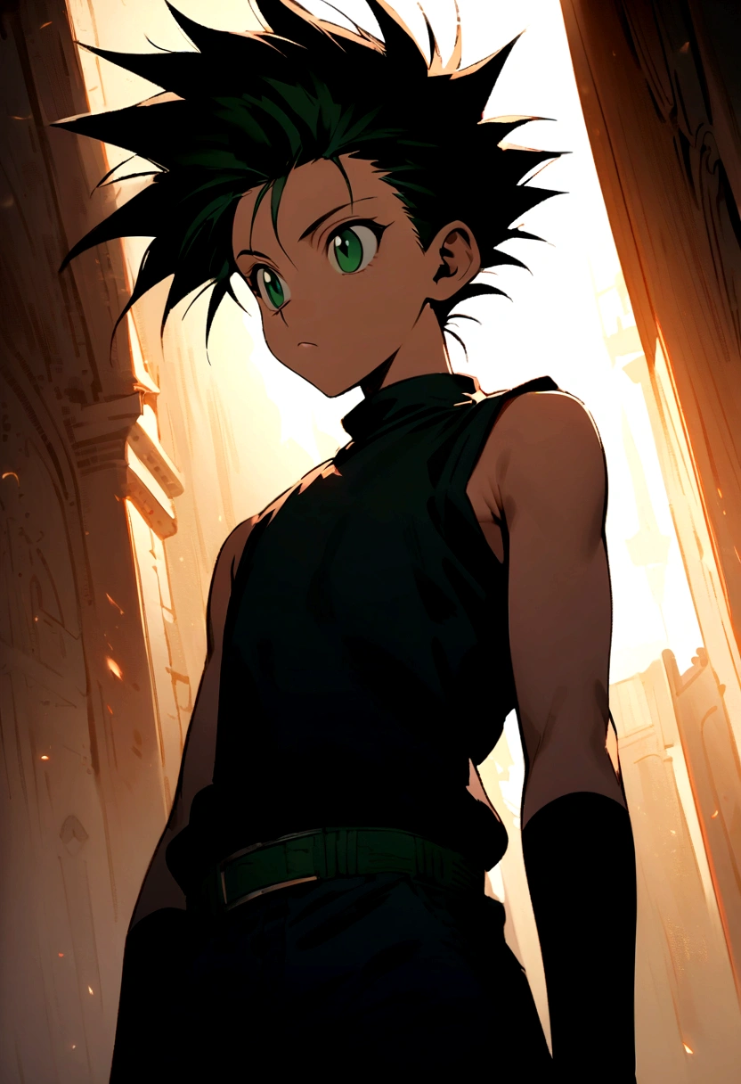 14 year old boy with black messy hair with shaved sides and green eyes wearing a black sleeveless shirt in hunter x hunter manga style