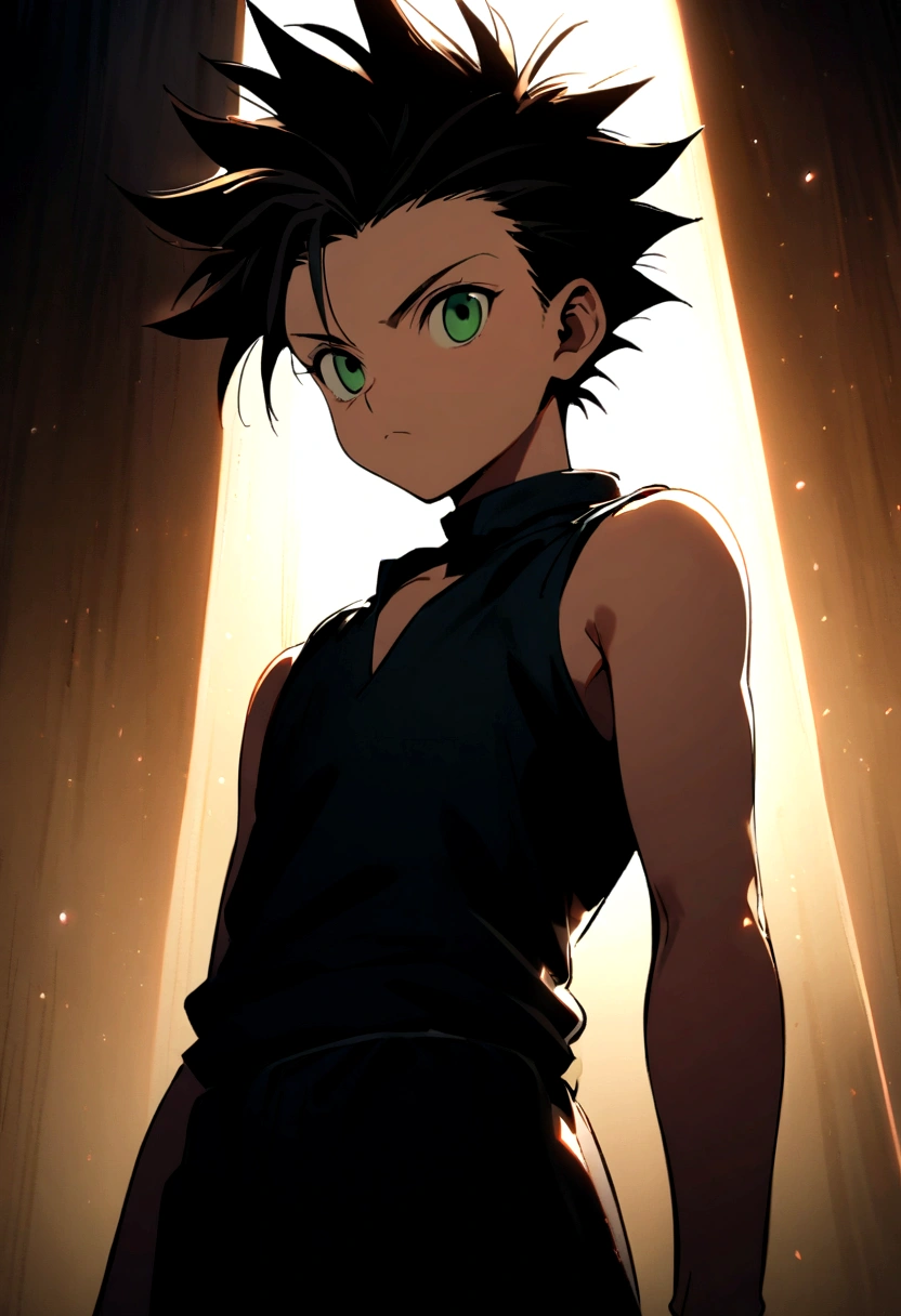  boy with black messy hair with shaved sides and green eyes wearing a black sleeveless shirt in hunter x hunter manga style