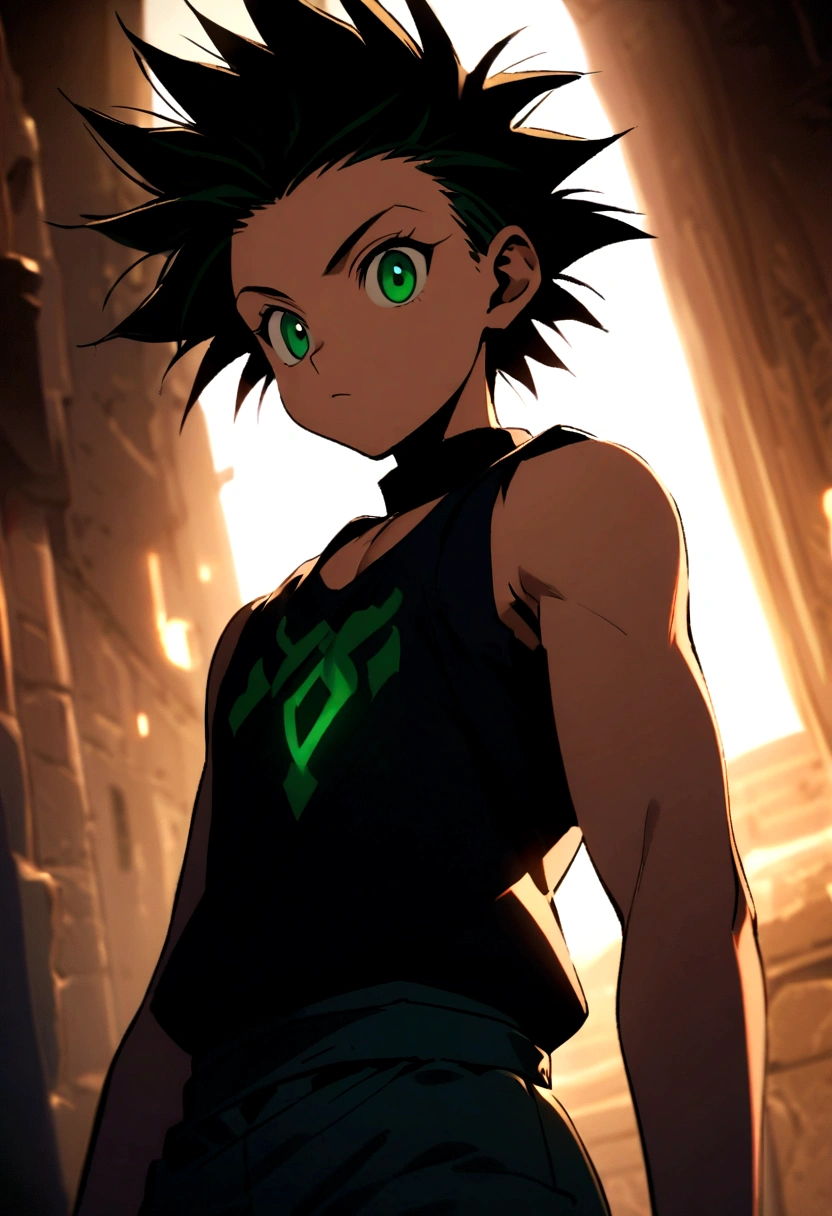 14 year old boy with black messy hair with shaved sides and green eyes wearing a black sleeveless shirt in hunter x hunter manga style