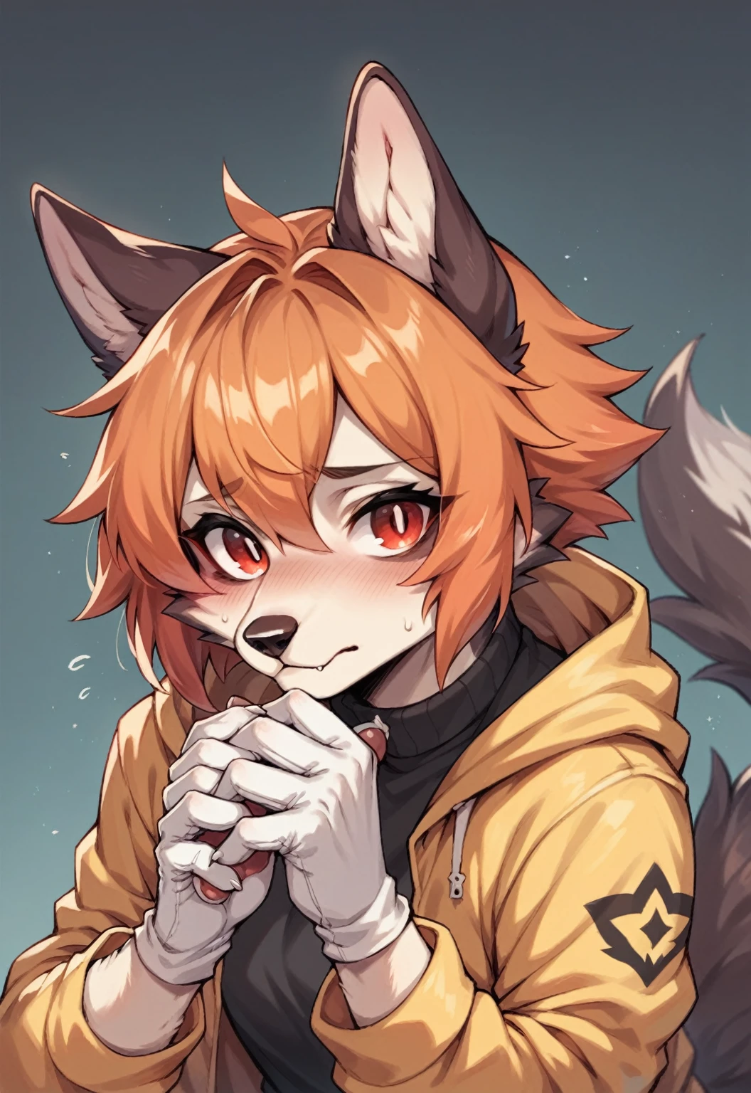 female hellhound woman. of 1.60. orange fur red eyes. Brown fur on paws. Orange hair with brown on the ends of the hair. he has short hair. White hands. bushy tail. furry. one lens. A long yellow jacket