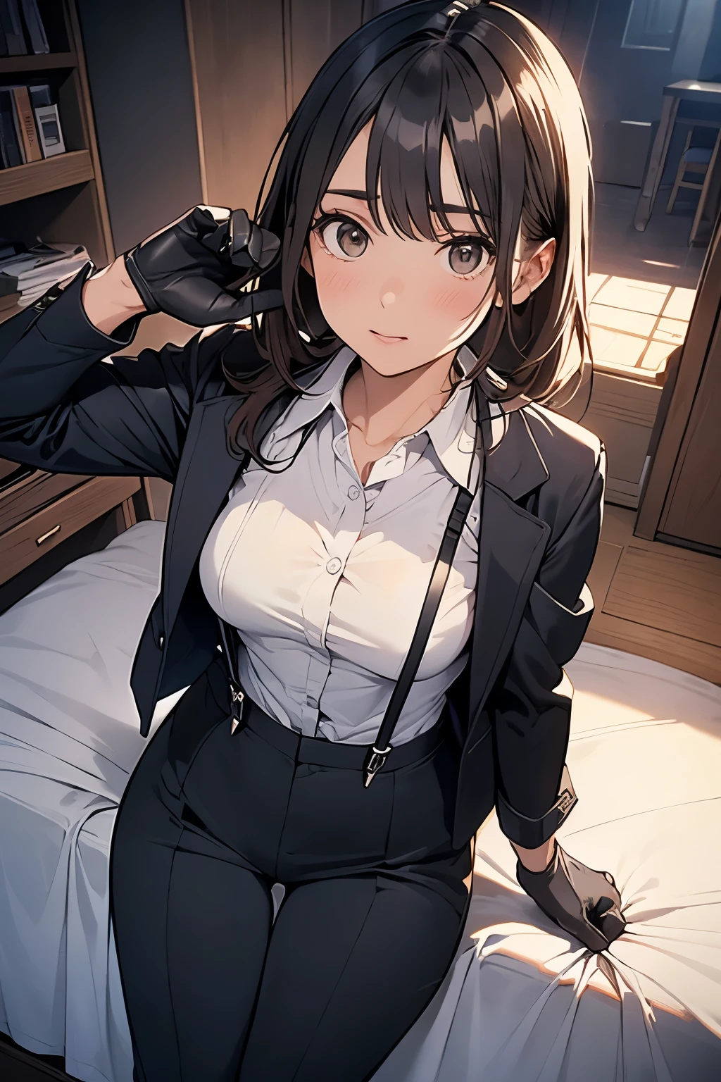 suspenders Moderate breasts Small face holster Beautiful woman Lying in bed Looking up Sweat belt summer 脇Sweat Black Hole Gloves suit shirt Black jacket Mask black pants Gun possession Armament