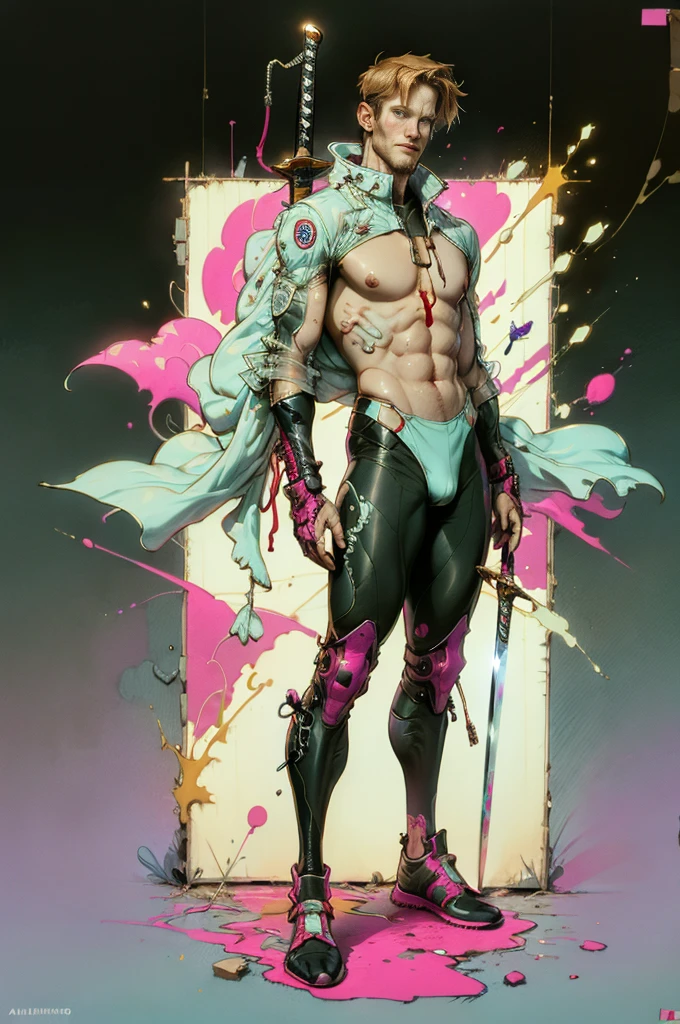 ((((Handsome and strong man,topless)))),Perfect proportion, anatomically correct, (from head to foot: 2.0), (Full body image: 2.0), alone, extremely stylized, abnormal art, masterpiece, Very detailed, delicate eyes, expressive delicate eyes, Futuristic, ((underwear)), ((Transparent armor)), Rubber gloss, (Flight suit:1.4), big boot, Full body image, full-body shot, nvink punk, Professional photos of Alexander_skarsgard, cyberpunk, ink punk, paint tray, Ink splatter, (Action poses:1.0), ((Holding a sword))