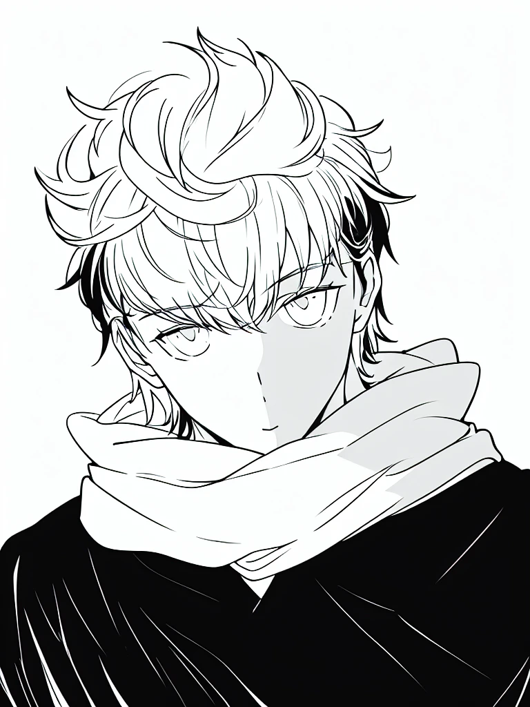 white fluffy messy hair, boy, black and white, staring at viewer, messy clothing, male, rag scarf