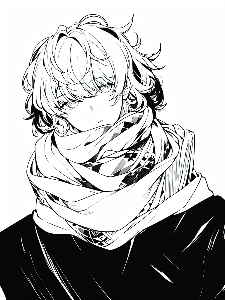 white fluffy messy hair, boy, black and white, staring at viewer, messy clothing, male, rag scarf