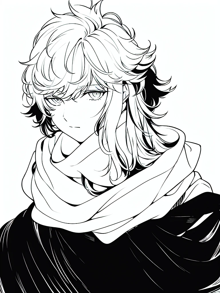 white fluffy messy hair, boy, black and white, staring at viewer, messy clothing, male, rag scarf
