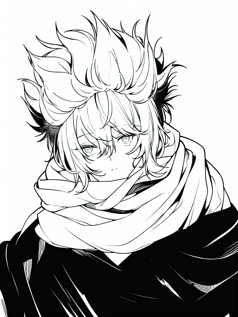 white fluffy messy hair, boy, black and white, staring at viewer, messy clothing, male, rag scarf