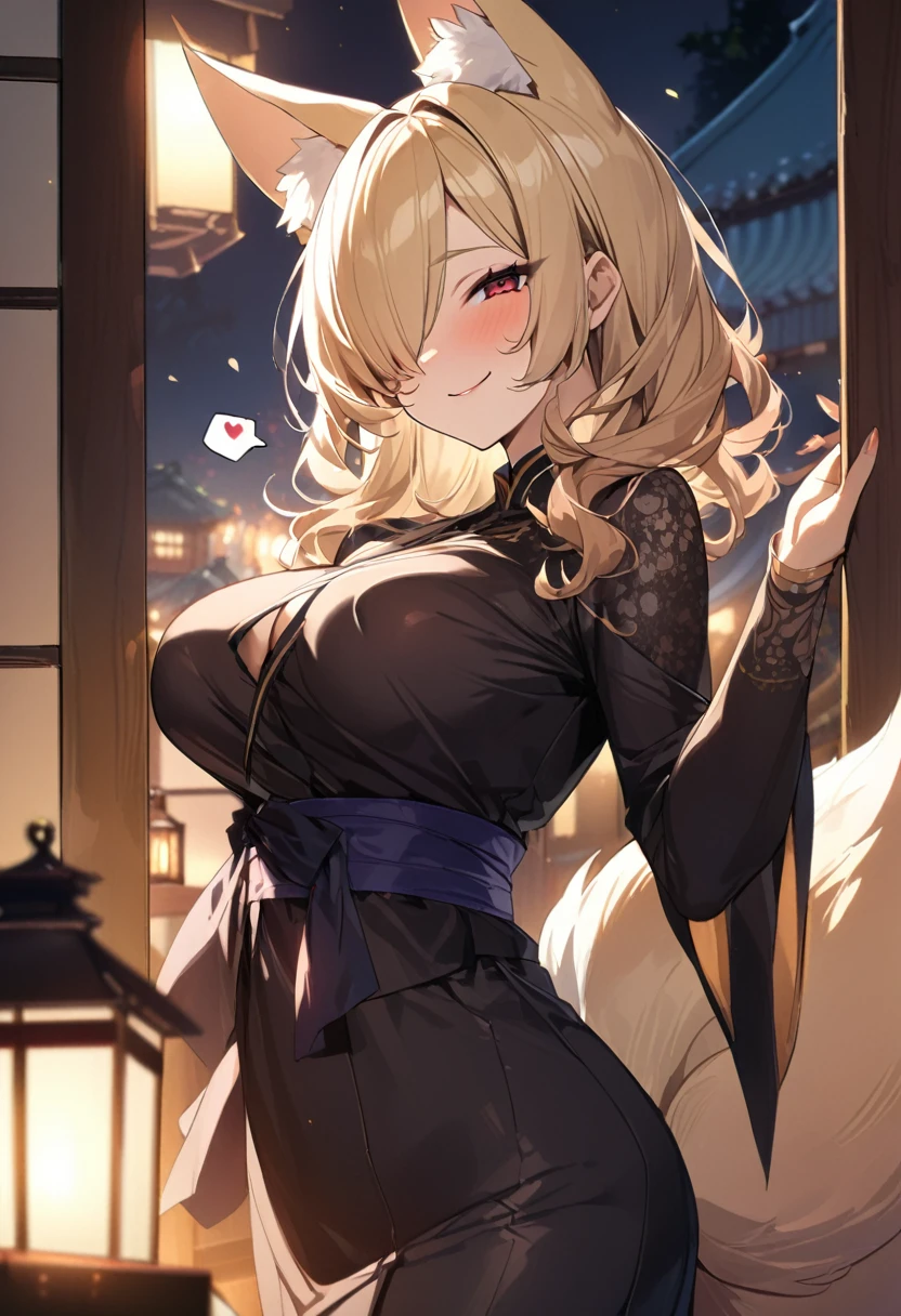 Highest quality、(((Two Women,2girls、28-year-old female、Female, 46 years old))) mature female、Mature Woman, Mature Woman,Mother、 Japanese-style room、Tatami room、Sliding doors、Dark room、Voluptuous body, Huge breasts, Saggy breasts, Wide Hips, Miko costume, barefoot, Cleavage, Are standing, Blonde Nine Tails,9 tails、The tip of the tail is white、 smile, Short blonde, wavy hair 、Red eyes, at night, 8K, masterpiece、milf、Fox Ears、Lantern、Sliding doorsを開けて迎え入れる、Sexy look、spoken heart、(breast focus:1.1)、mature female、gleaming skin、naughty face、heavy breathing、One eye is covered by hair、hair over one eye