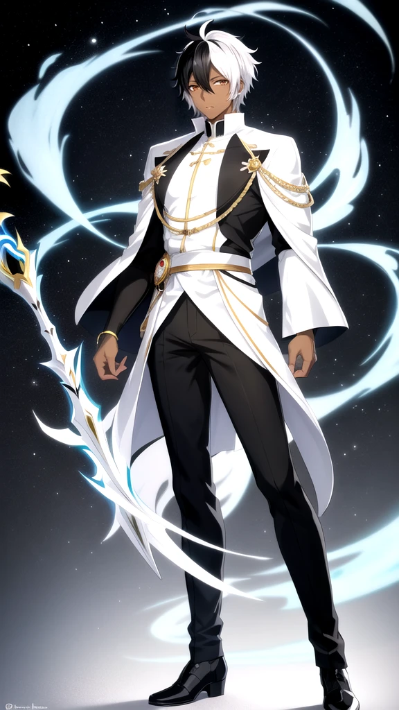 Anime style，Full body，male，dark skin，short black hair with few white hair，sexy dressing，wizard，Minimalist white background