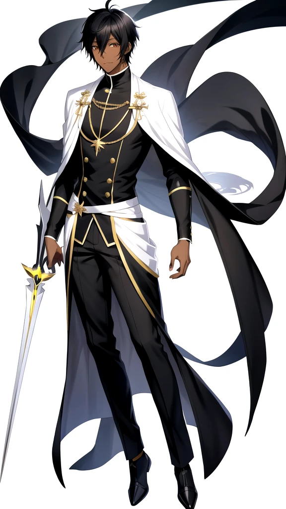 Anime style，Full body，male，dark skin，short black hair with few white hair，sexy dressing，wizard，Minimalist white background