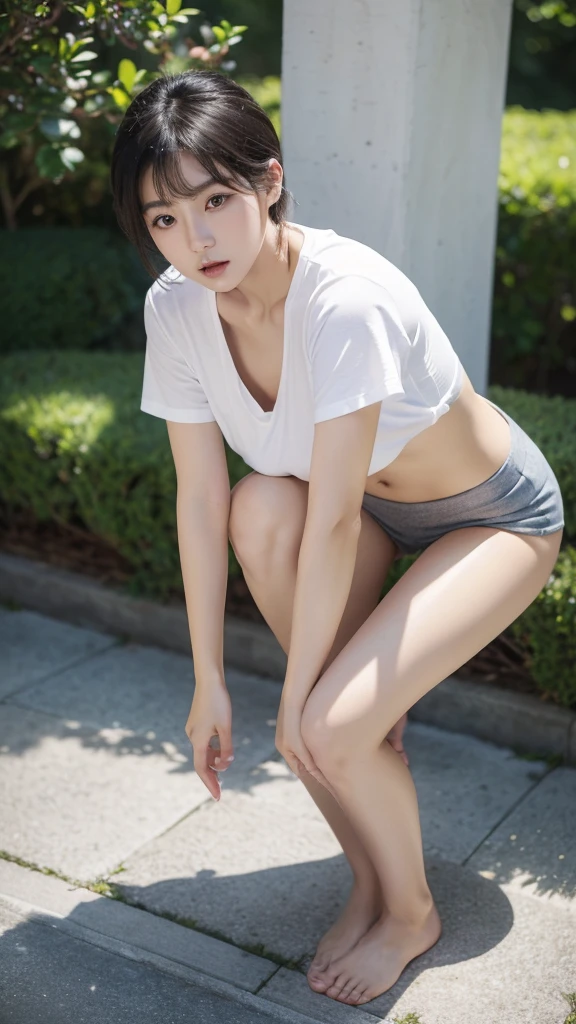(best quality、8K、32K、masterpiece、nffsw:1.2)、Cute Korean woman photo、Black short hair、beautiful face、(Bending over:1.5)、squatting、(From above:1.2)、(closeup :1.4) 、POV、Loose T-shirt with wide open chest、Breasts exposed and stomach visible in the T-shirt、(pretty nipple slip: 0.9)、outdoors、wind、glossy skin、blurred back、
