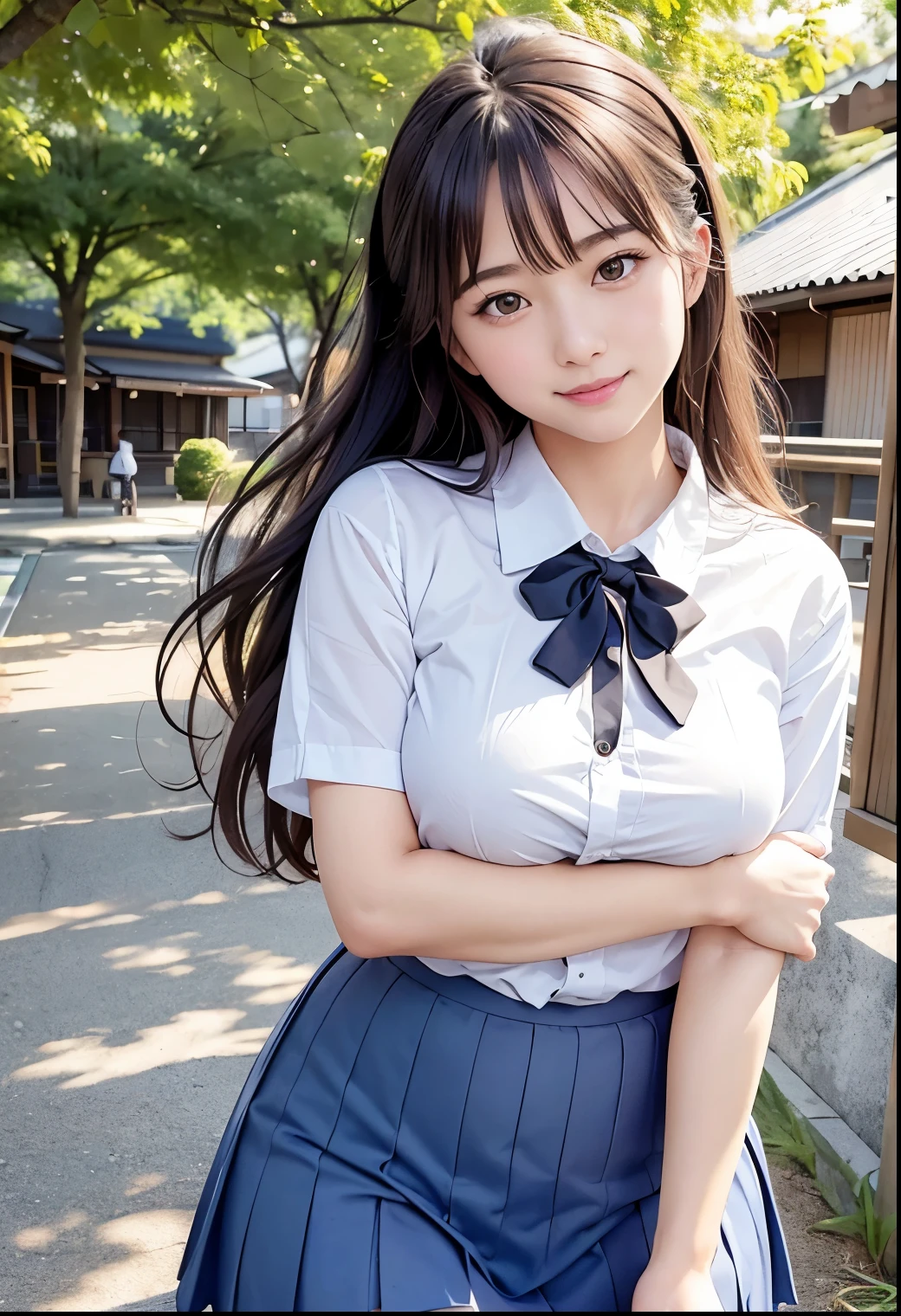 (Highest quality,masterpiece:1.3,Ultra-high resolution),(Very detailed、Caustics) (Realistic:1.4, RAW shooting、)Ultra-Realistic Capture、Very detailed、Natural skin texture、masterpiece、(Japan woman in high school uniform:1.3),Adorable expression、Expressions of happiness、、height: 160cm、Young Face、Amazingly cute、Twin tails、Straight hair、Scrunchie、Black Hair、Heavy makeup、H-cup busty、Shining thighs、Skin Arm、Background details、smile、An inviting gaze、Anatomically correct、Cowboy Shot、Attention to detail、Photographed on the main street of a summer resort early in the morning、Sexy pose、