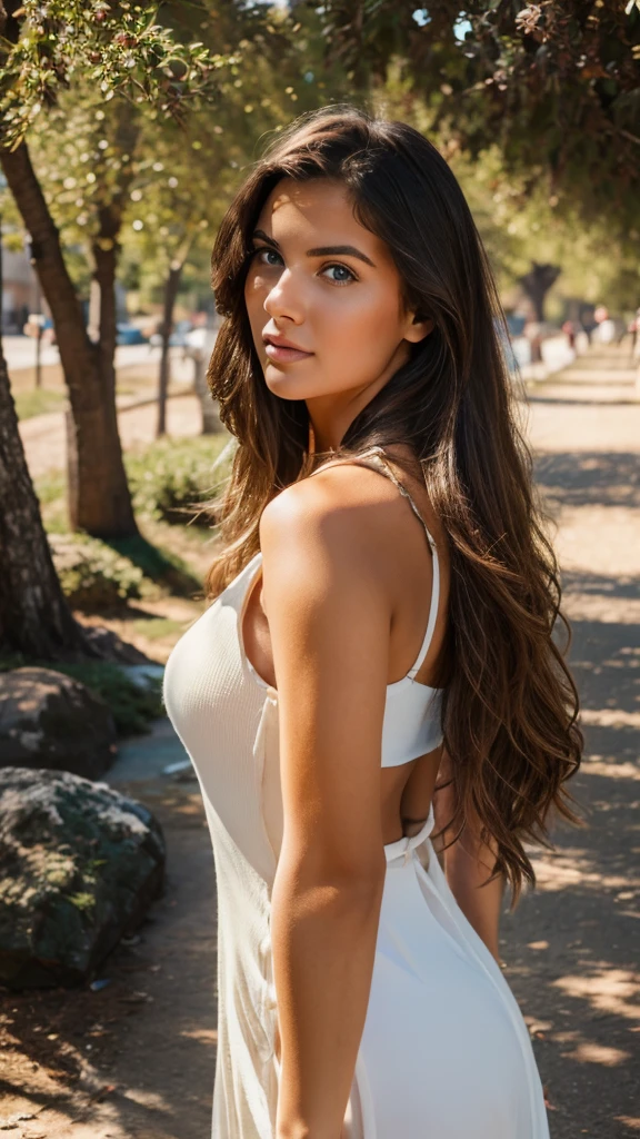 A photorealistic portrait of a 23-year-old Polisch woman with long, luxurious brunette hair and captivating blue eyes. Her expression should be natural and inviting, illuminated by the soft, warm light of the golden hour. The setting for this portrait should be a picturesque outdoor scene, such as a sun-kissed park or beach. Capture this image with a high-resolution photograph using an 85mm lens to achieve a flattering and engaging perspective.