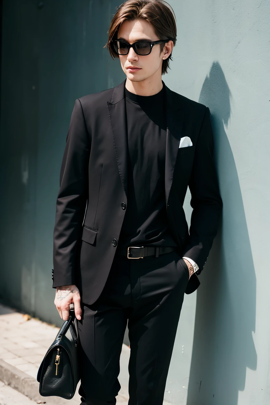 white man, emo, sunglass, black T-shirt, opening the button on his suit, black wall, facing forward