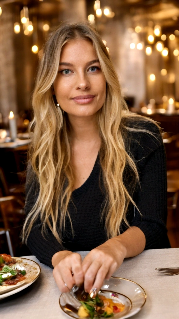 "A young woman with long, wavy blond hair sits at a restaurant table. She is wearing a black sweater that leaves her shoulders uncovered and elegant earrings. In front of her, on the table, are carefully arranged plates and cutlery, and a large candle in a glass vase. The background shows a restaurant room decorated with dimmed lights, disco balls hanging from the ceiling and chic, modern décor. The atmosphere is warm and welcoming."
