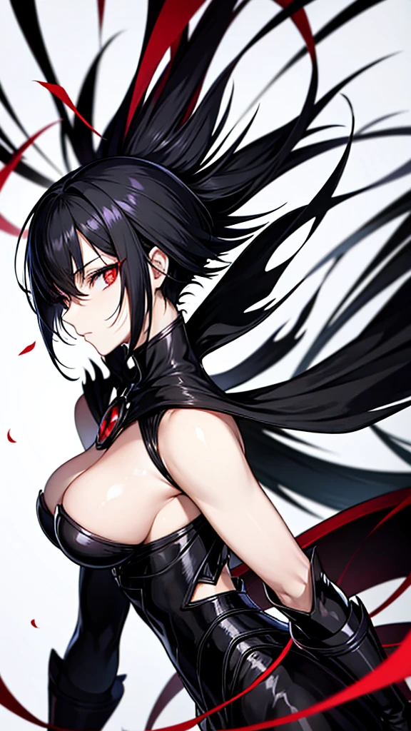 anime woman with short black hair and red eyes .