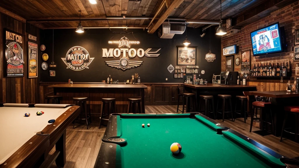 motoboy bar from a small city, bar pov, there is a dart arrow on the ceiling, one pool table in the corner, rock n roll references in the decoration. in the wall, there is a draw of a old guy showing the middle finger and write "GAUDELIOS". wide view, no people, ultrarealistic