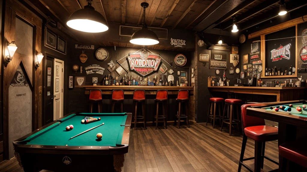 motoboy bar from a small city, bar pov, there is a dart arrow on the ceiling, one pool table in the corner, rock n roll references in the decoration. in the wall, there is a draw of a old guy showing the middle finger and write "GAUDELIOS". wide view, no people, ultrarealistic