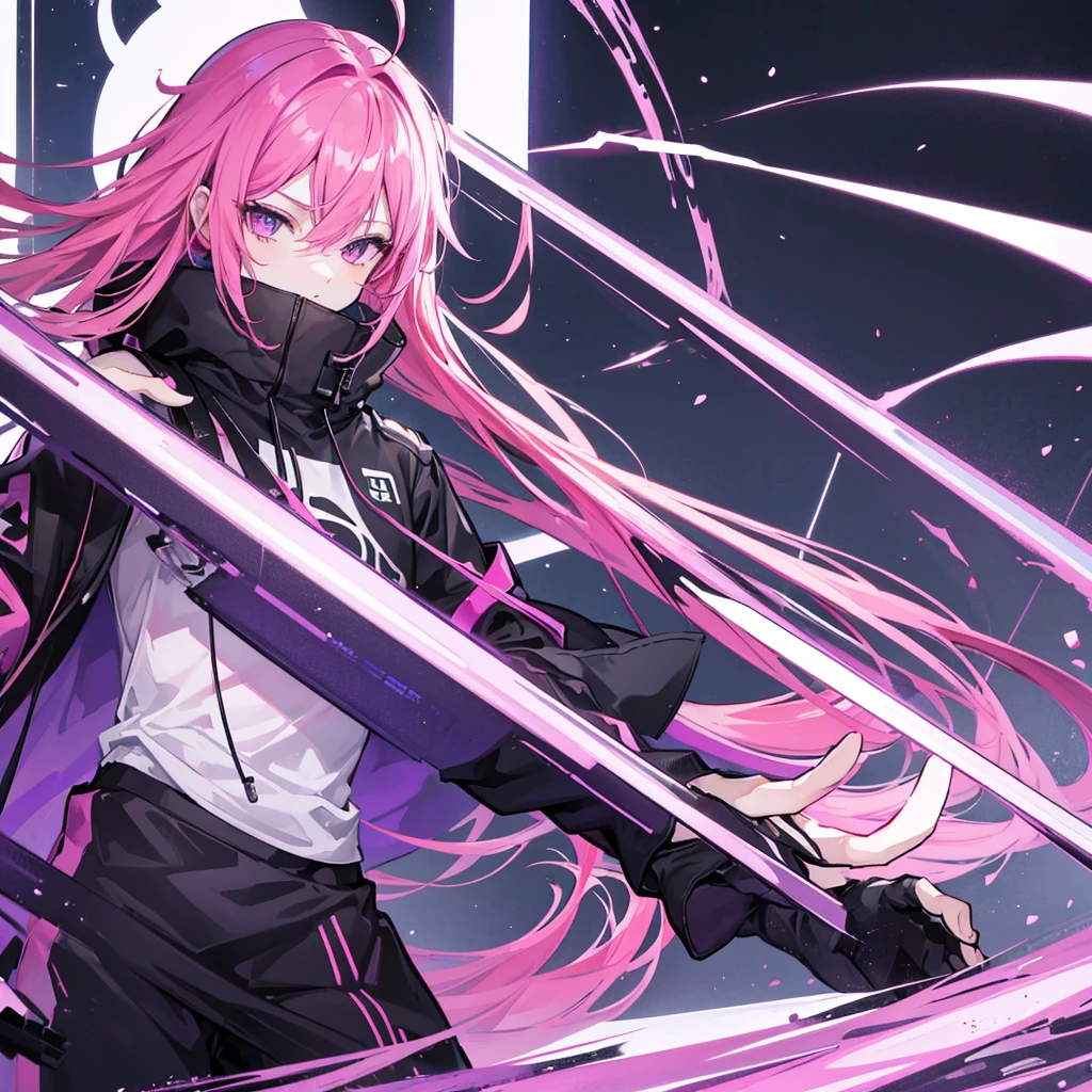 Saika has striking pink hair that falls in soft waves around his face, complementing his vibrant purple eyes. His features are sharp and defined, with a youthful charm that is accentuated by his slender build. He often wears a stylish black jacket over a graphic t-shirt and jogging àd sometimes tight, completing his edgy and modern look, he is in his room.