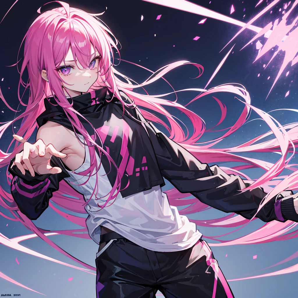 Saika has striking pink hair that falls in soft waves around his face, complementing his vibrant purple eyes. His features are sharp and defined, with a youthful charm that is accentuated by his slender build. He often wears a stylish black jacket over a graphic t-shirt and jogging àd sometimes tight, completing his edgy and modern look, he is in his room.
