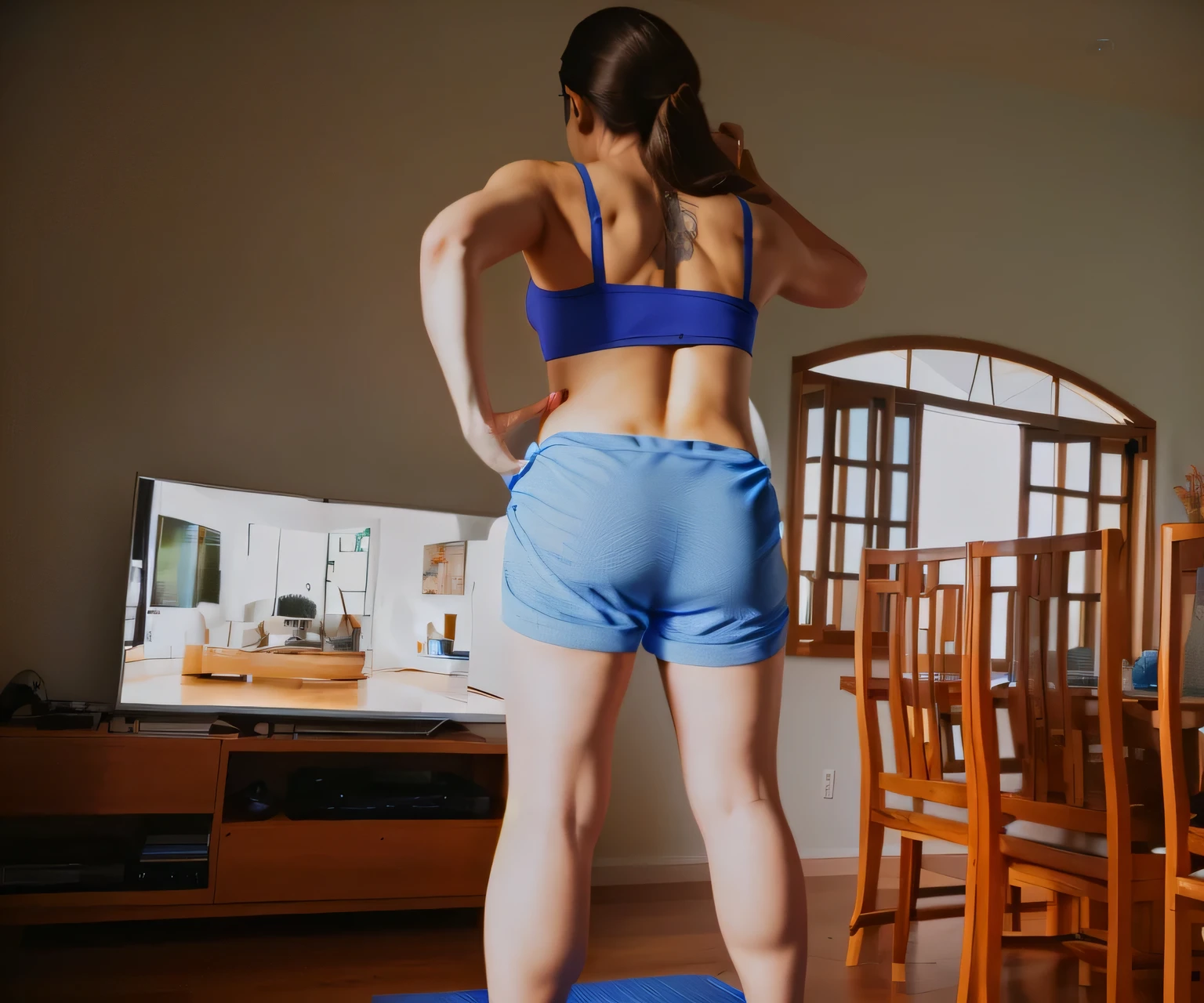 there is a woman standing on a blue mat in a living room, back pose, back - shot, working out, back shot, rear-shot, in shape, toned derriere, backview, fit body, back view!!, fit pic, backshot, back facing the camera, back - view, rear shot, from back, from the back